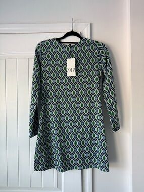 Zara Green, Navy & Light Blue Geometric Knit Tunic Dress